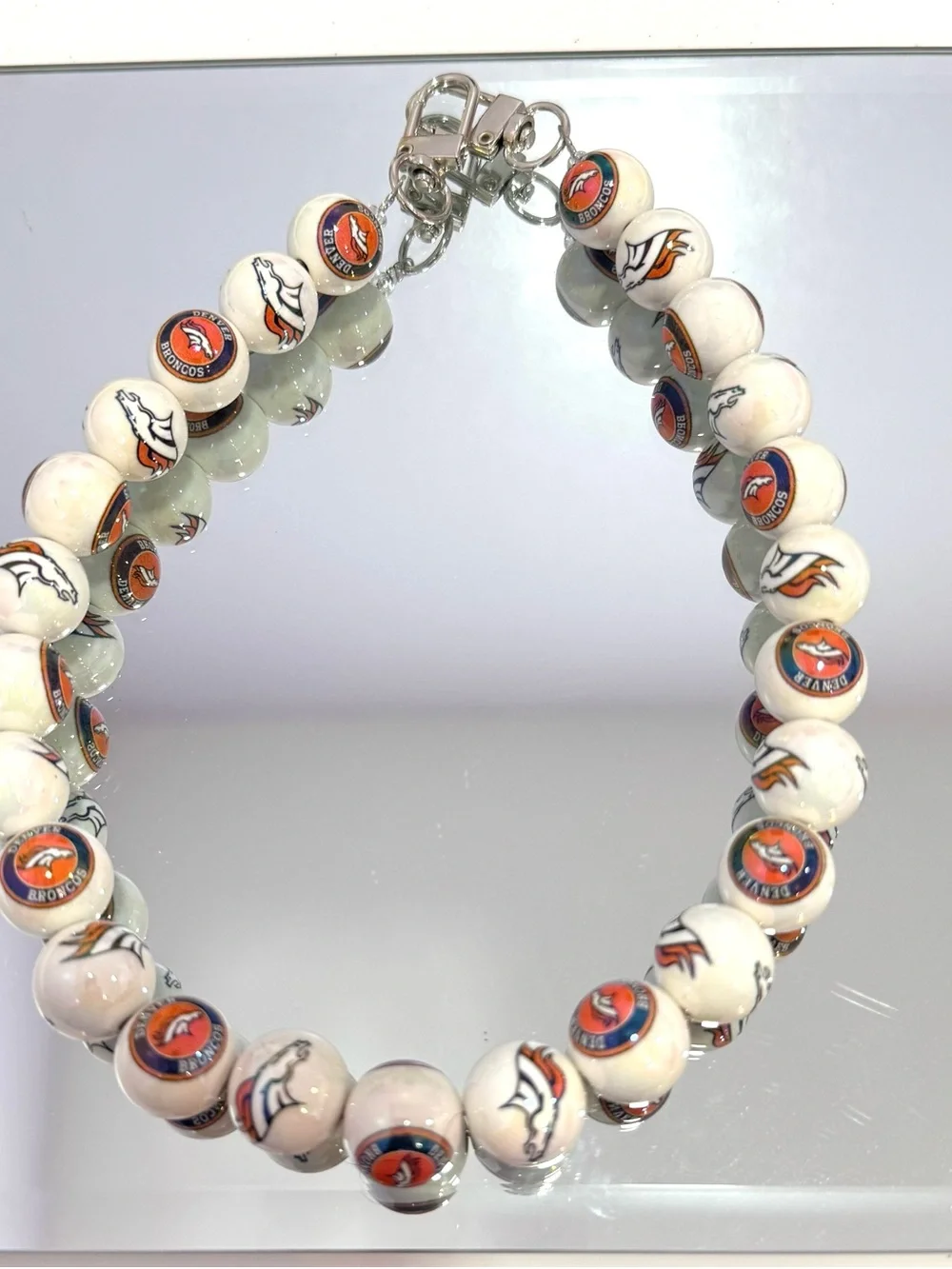 New Denver Broncos White Beaded Bag Chain 18 inches  with Logo Accents
